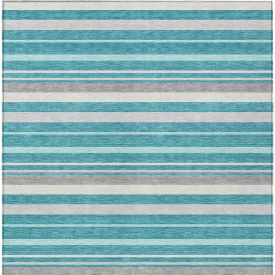 Teal Blue Gray And Ivory Striped Washable Indoor Outdoor Area Rug Photo 7
