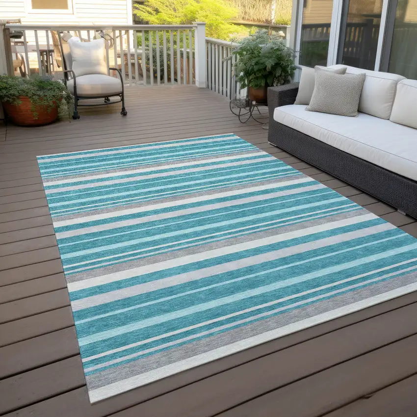 Teal Blue Gray And Ivory Striped Washable Indoor Outdoor Area Rug Photo 8