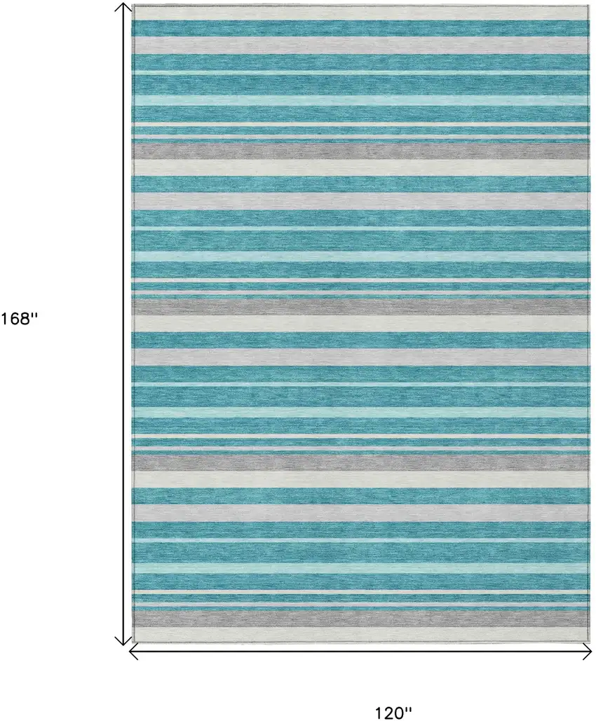 Teal Blue Gray And Ivory Striped Washable Indoor Outdoor Area Rug Photo 3