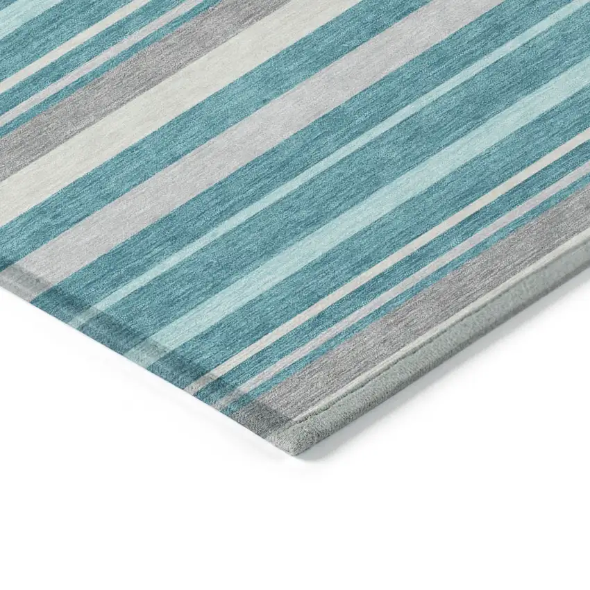 Teal Blue Gray And Ivory Striped Washable Indoor Outdoor Area Rug Photo 5