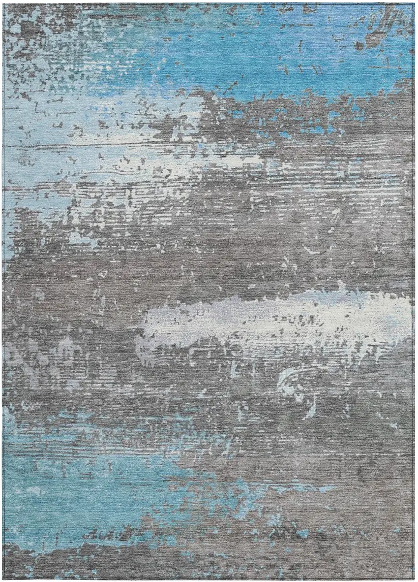 Teal Blue Gray And Silver Abstract Washable Indoor Outdoor Area Rug Photo 1