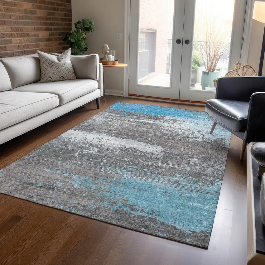 Teal Blue Gray And Silver Abstract Washable Indoor Outdoor Area Rug Photo 5