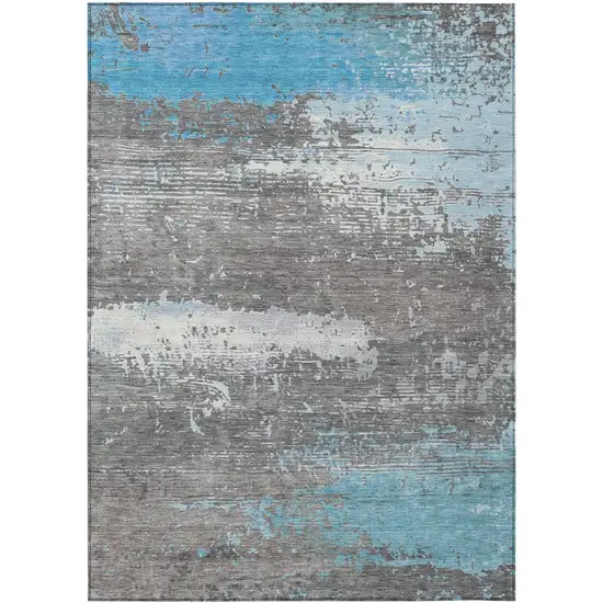 Teal Blue Gray And Silver Abstract Washable Indoor Outdoor Area Rug Photo 8