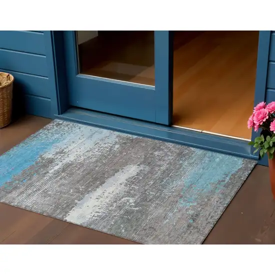 Teal Blue Gray And Silver Abstract Washable Indoor Outdoor Area Rug Photo 2