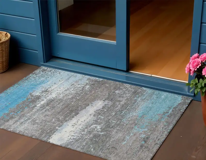 Teal Blue Gray And Silver Abstract Washable Indoor Outdoor Area Rug Photo 2