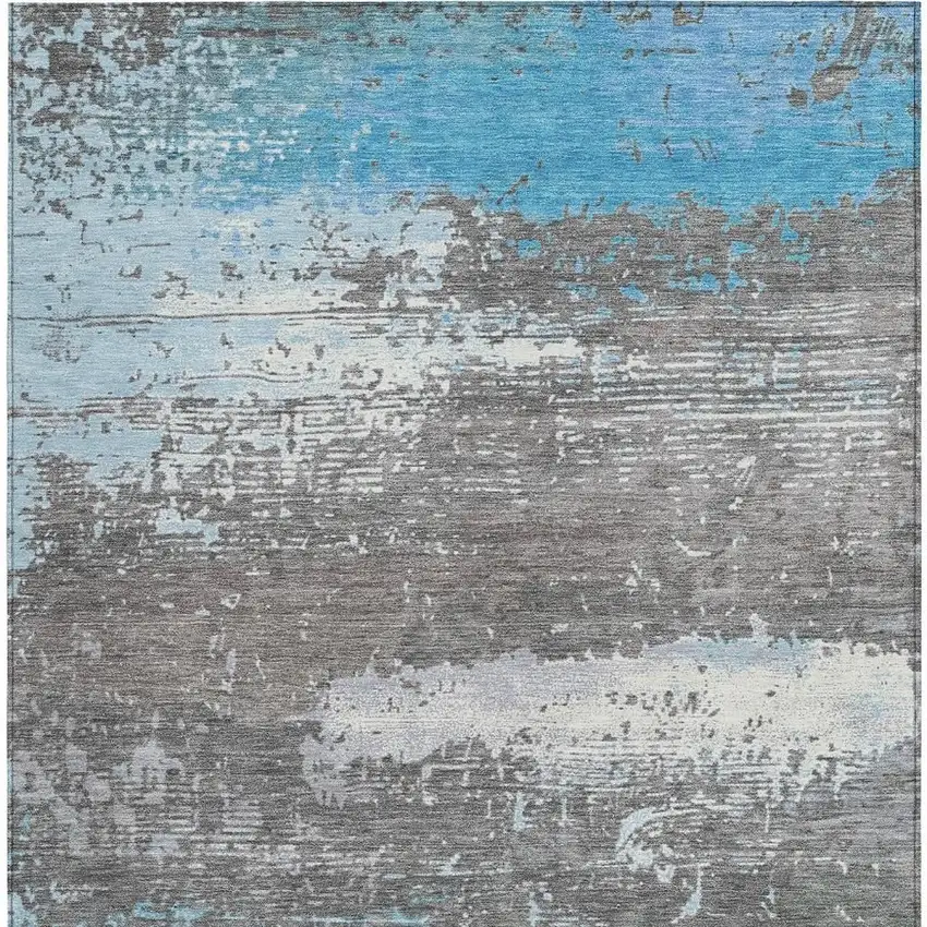 Teal Blue Gray And Silver Abstract Washable Indoor Outdoor Area Rug Photo 3