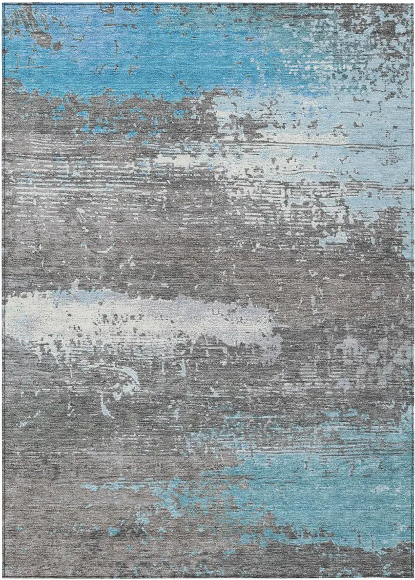 Teal Blue Gray And Silver Abstract Washable Indoor Outdoor Area Rug Photo 8