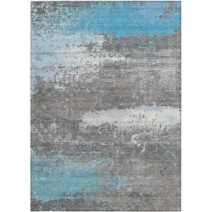 Photo of Teal Blue Gray And Silver Abstract Washable Indoor Outdoor Area Rug