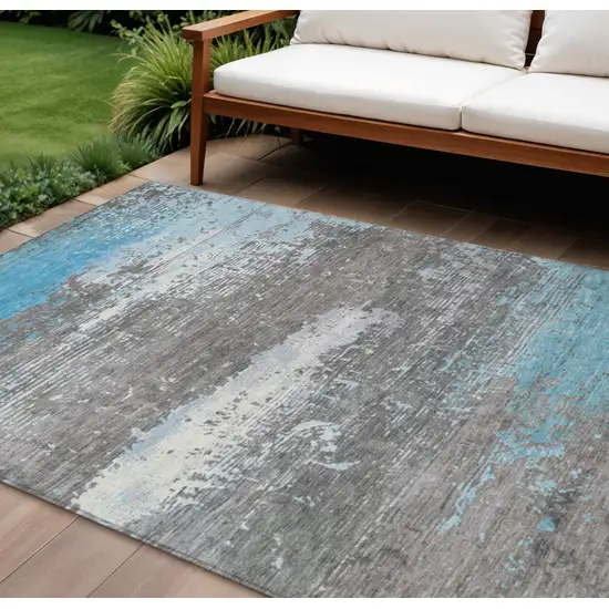 Teal Blue Gray And Silver Abstract Washable Indoor Outdoor Area Rug Photo 2