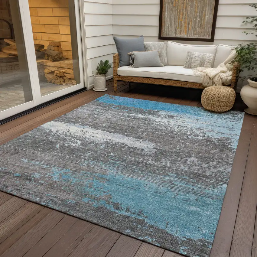 Teal Blue Gray And Silver Abstract Washable Indoor Outdoor Area Rug Photo 5
