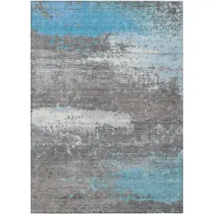 Photo of Teal Blue Gray And Silver Abstract Washable Indoor Outdoor Area Rug