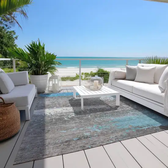 Teal Blue Gray And Silver Abstract Washable Indoor Outdoor Area Rug Photo 8