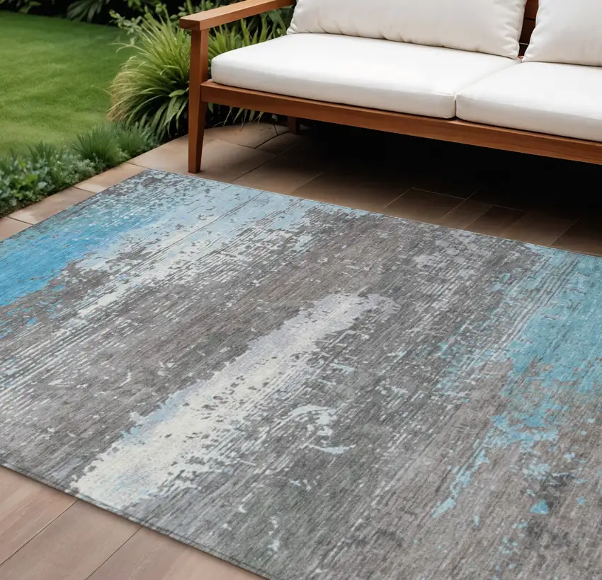 Teal Blue Gray And Silver Abstract Washable Indoor Outdoor Area Rug Photo 2