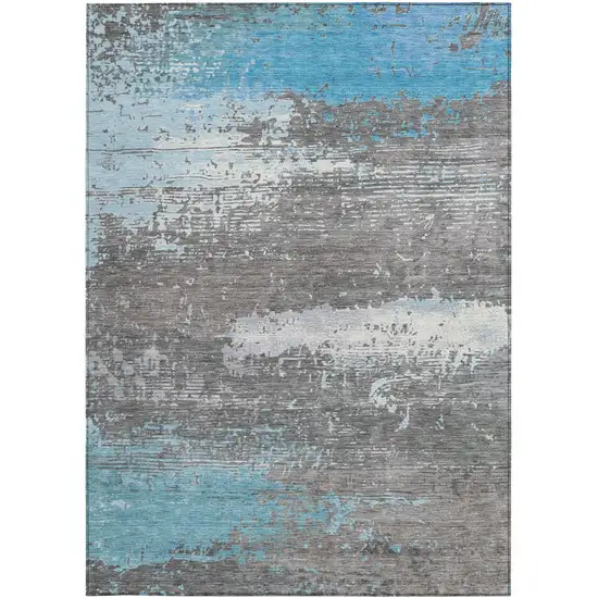 Teal Blue Gray And Silver Abstract Washable Indoor Outdoor Area Rug Photo 3