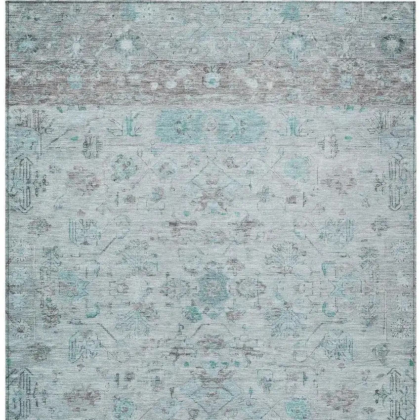 Teal Blue Gray And Silver Tribal Washable Indoor Outdoor Area Rug Photo 6