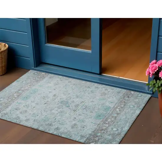 Teal Blue Gray And Silver Tribal Washable Indoor Outdoor Area Rug Photo 1