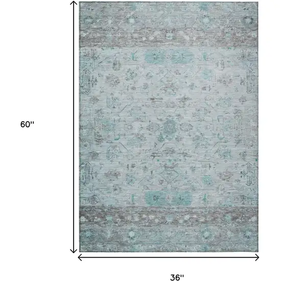 Teal Blue Gray And Silver Tribal Washable Indoor Outdoor Area Rug Photo 3