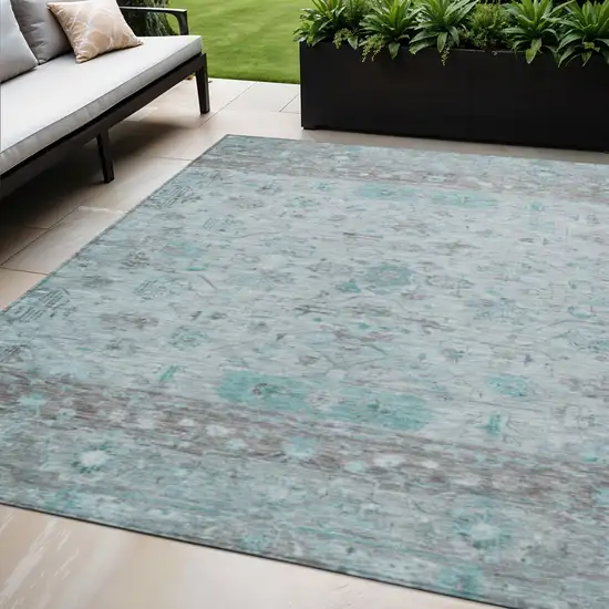 Teal Blue Gray And Silver Tribal Washable Indoor Outdoor Area Rug Photo 1
