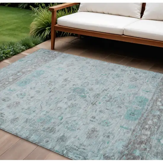 Teal Blue Gray And Silver Tribal Washable Indoor Outdoor Area Rug Photo 1