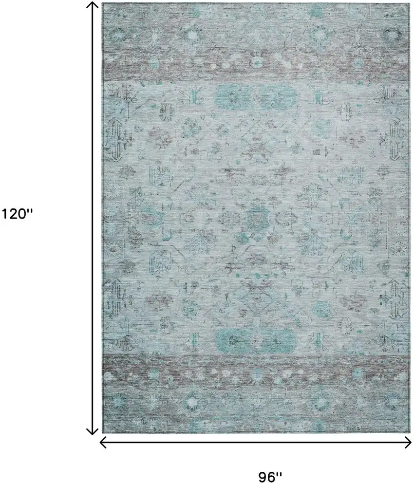 Teal Blue Gray And Silver Tribal Washable Indoor Outdoor Area Rug Photo 3