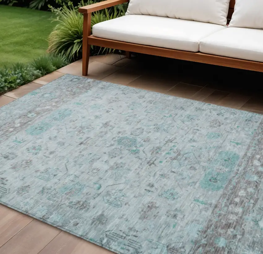 Teal Blue Gray And Silver Tribal Washable Indoor Outdoor Area Rug Photo 1