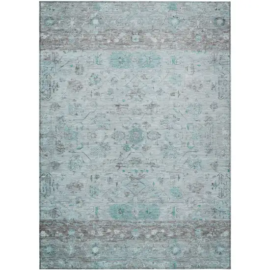 Teal Blue Gray And Silver Tribal Washable Indoor Outdoor Area Rug Photo 2