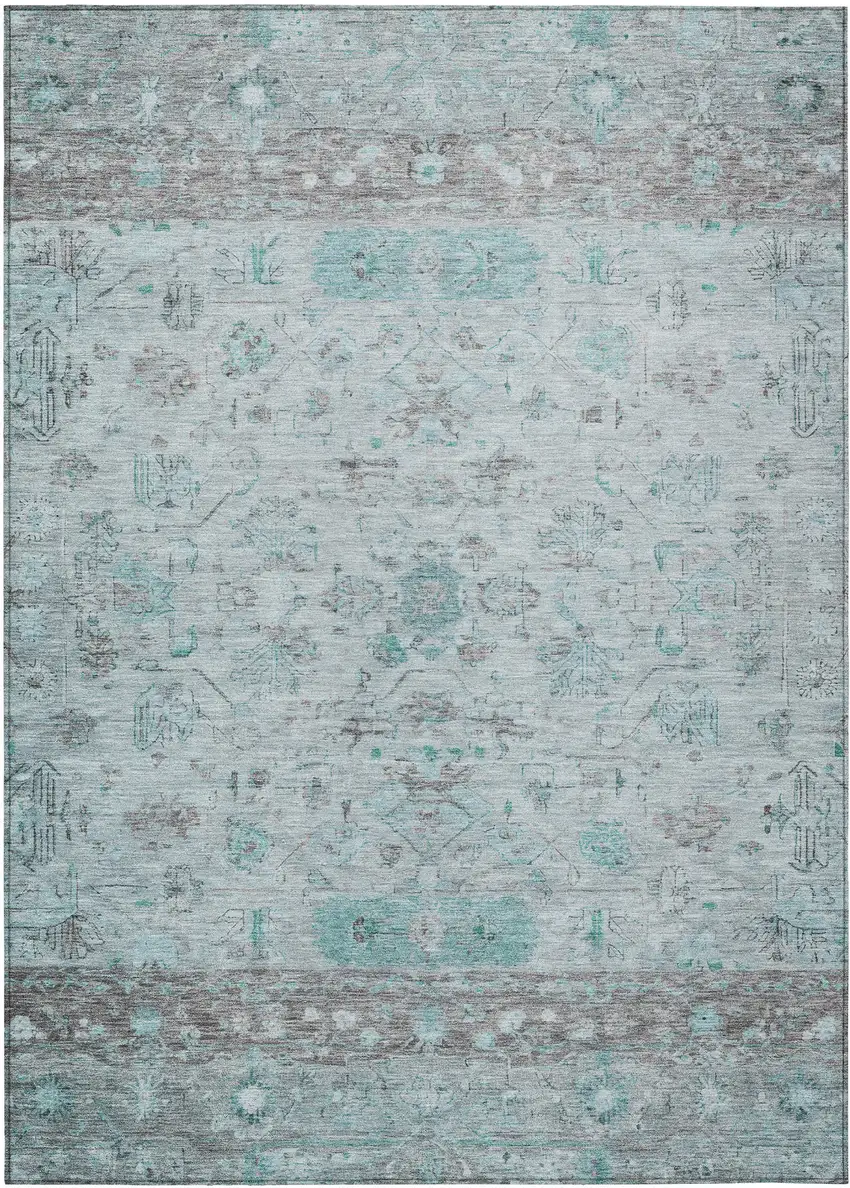 Teal Blue Gray And Silver Tribal Washable Indoor Outdoor Area Rug Photo 2