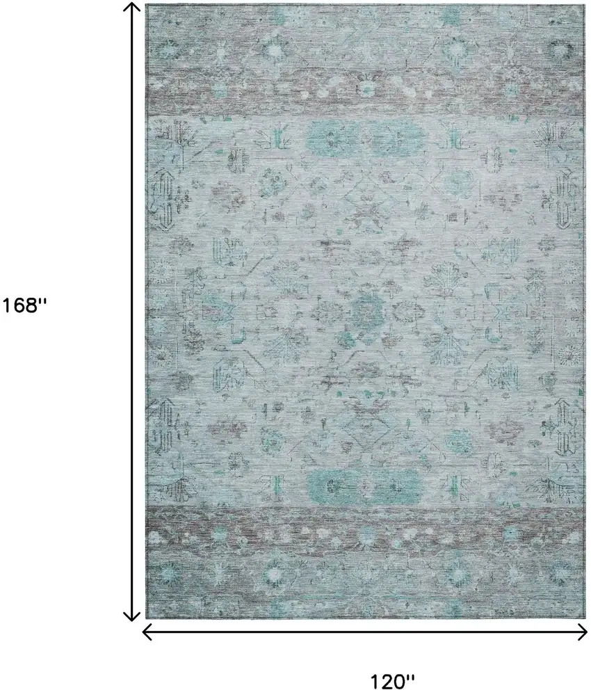 Teal Blue Gray And Silver Tribal Washable Indoor Outdoor Area Rug Photo 3