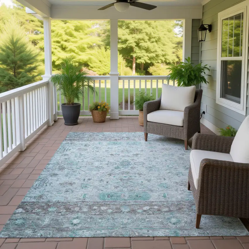 Teal Blue Gray And Silver Tribal Washable Indoor Outdoor Area Rug Photo 9