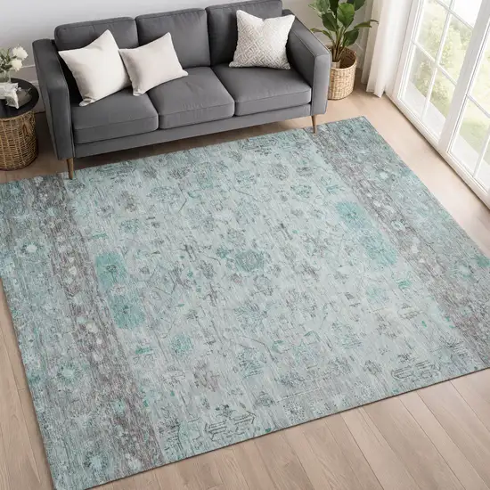 Teal Blue Gray And Silver Tribal Washable Indoor Outdoor Area Rug Photo 9