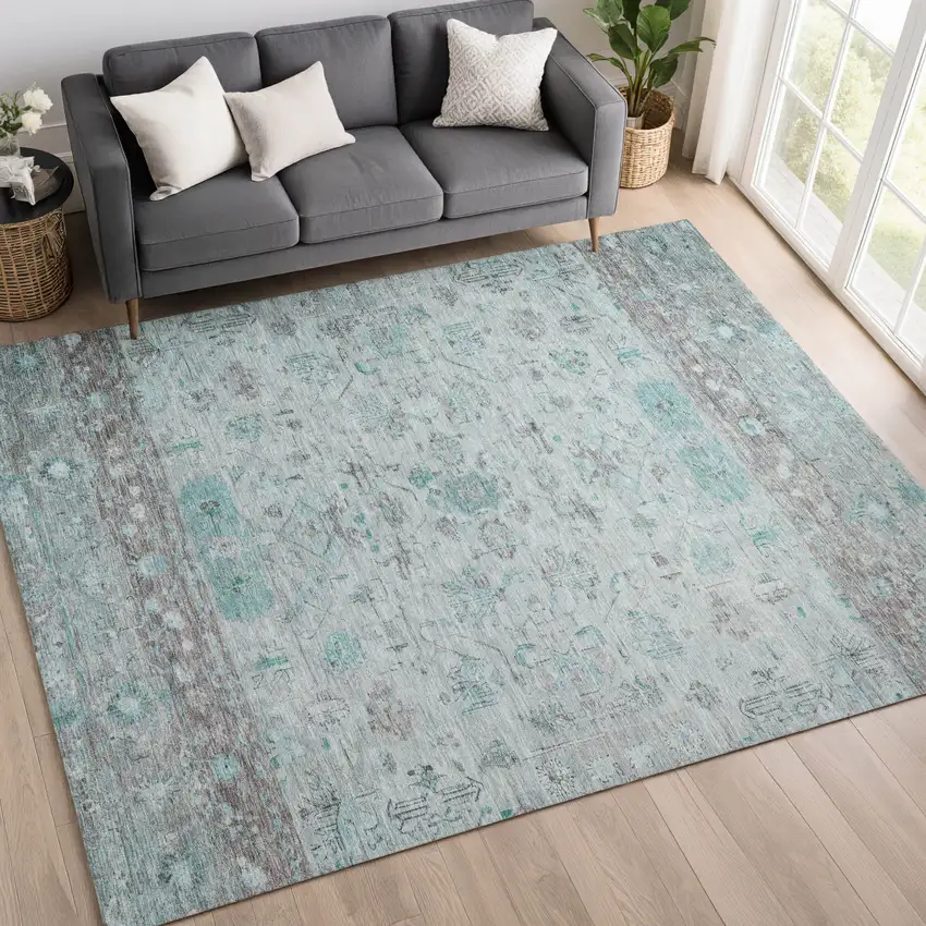 Teal Blue Gray And Silver Tribal Washable Indoor Outdoor Area Rug Photo 9