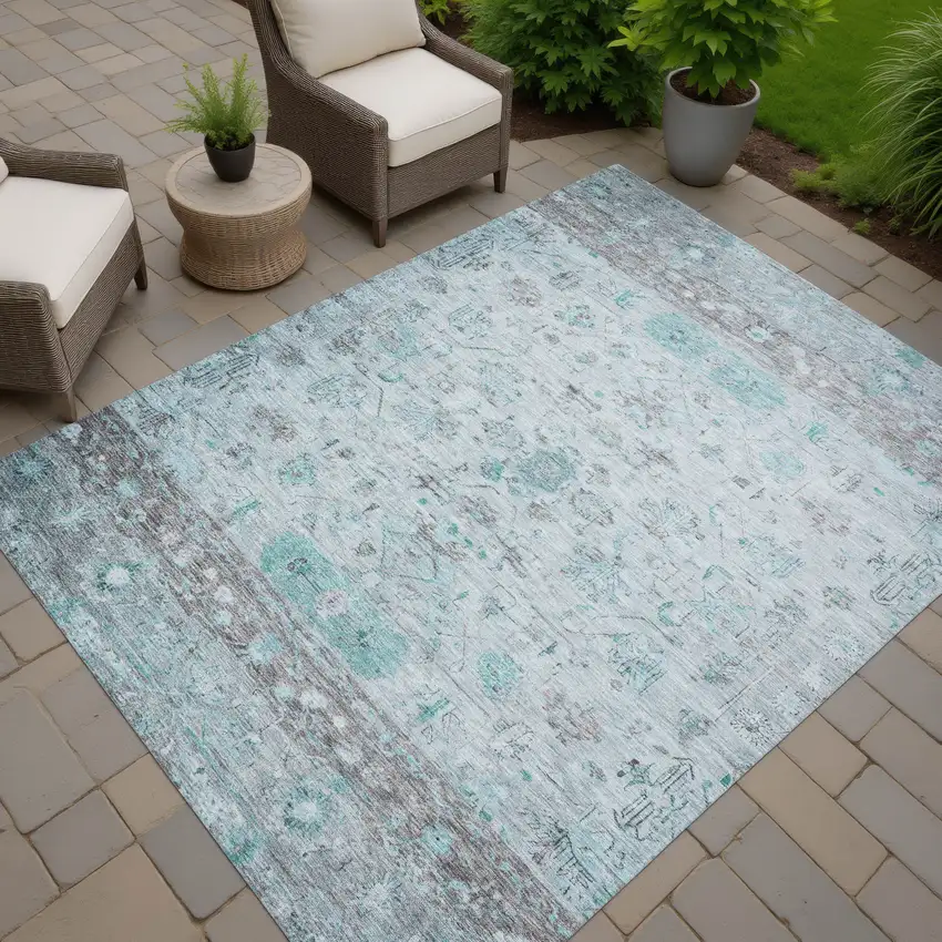 Teal Blue Gray And Silver Tribal Washable Indoor Outdoor Area Rug Photo 7