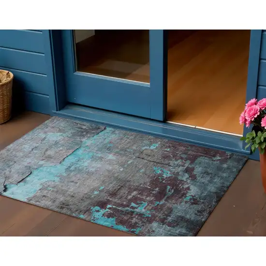 Teal Blue Gray And Taupe Abstract Washable Indoor Outdoor Area Rug Photo 2