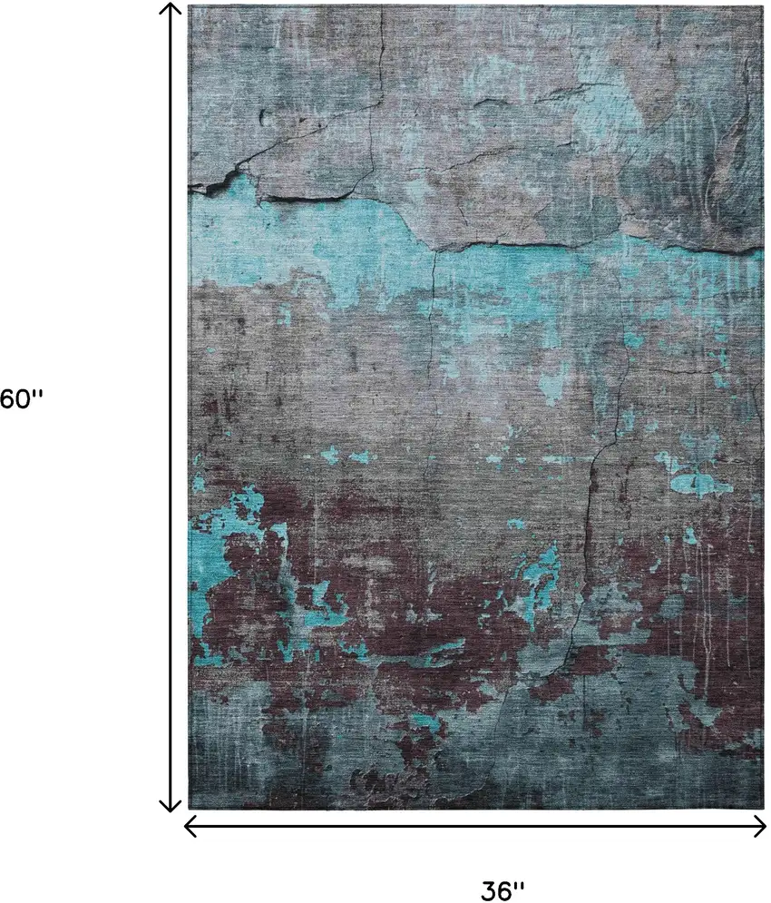 Teal Blue Gray And Taupe Abstract Washable Indoor Outdoor Area Rug Photo 9