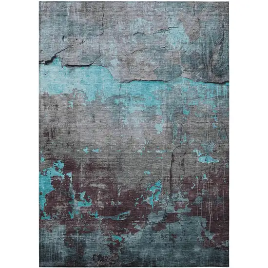 Teal Blue Gray And Taupe Abstract Washable Indoor Outdoor Area Rug Photo 1