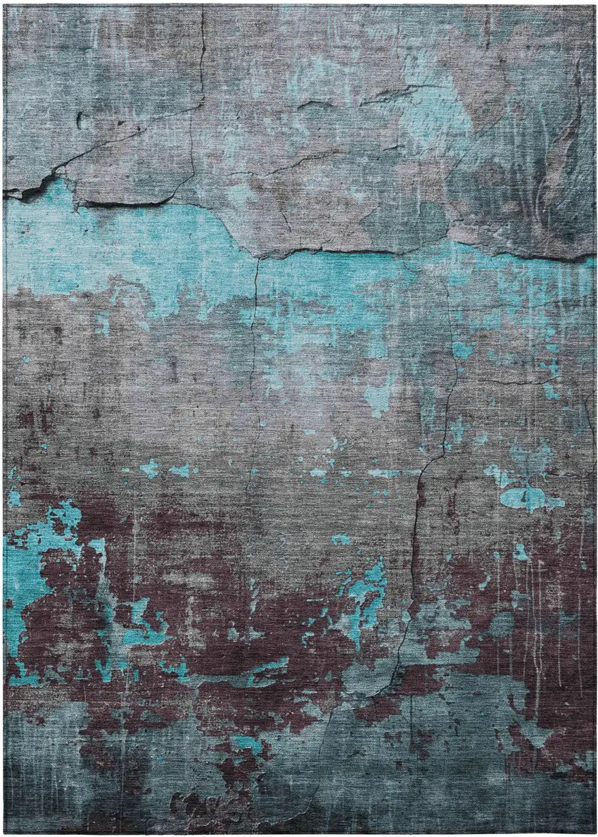 Teal Blue Gray And Taupe Abstract Washable Indoor Outdoor Area Rug Photo 1