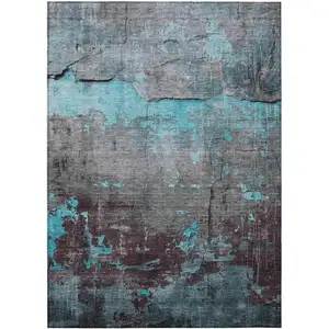 Photo of Teal Blue Gray And Taupe Abstract Washable Indoor Outdoor Area Rug