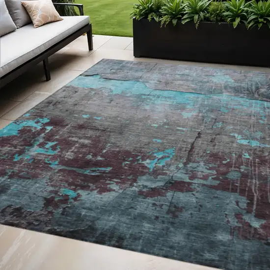 Teal Blue Gray And Taupe Abstract Washable Indoor Outdoor Area Rug Photo 2