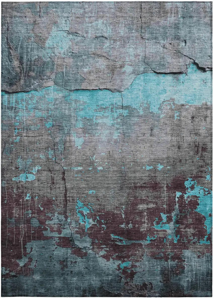 Teal Blue Gray And Taupe Abstract Washable Indoor Outdoor Area Rug Photo 3
