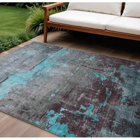 Teal Blue Gray And Taupe Abstract Washable Indoor Outdoor Area Rug Photo 2