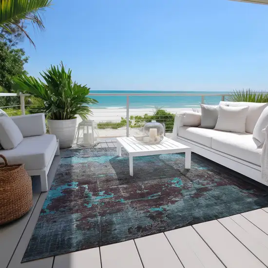 Teal Blue Gray And Taupe Abstract Washable Indoor Outdoor Area Rug Photo 8