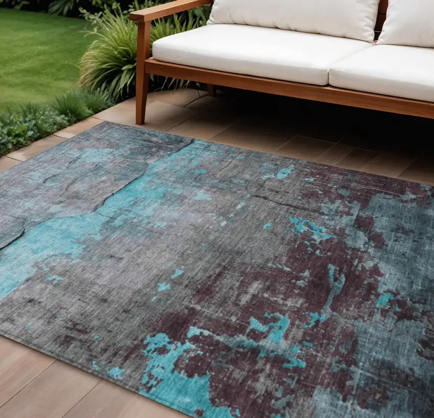 Teal Blue Gray And Taupe Abstract Washable Indoor Outdoor Area Rug Photo 2