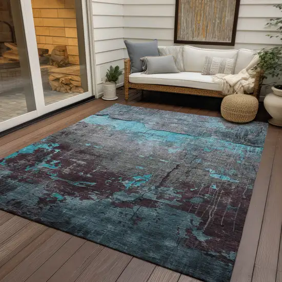 Teal Blue Gray And Taupe Abstract Washable Indoor Outdoor Area Rug Photo 5