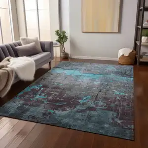 Photo of Teal Blue Gray And Taupe Abstract Washable Indoor Outdoor Area Rug