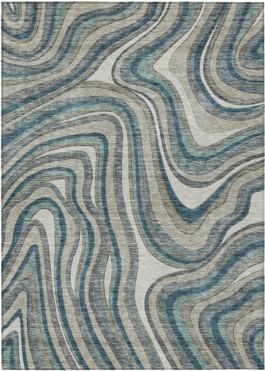 Teal Blue Gray And Taupe Abstract Washable Indoor Outdoor Area Rug Photo 2