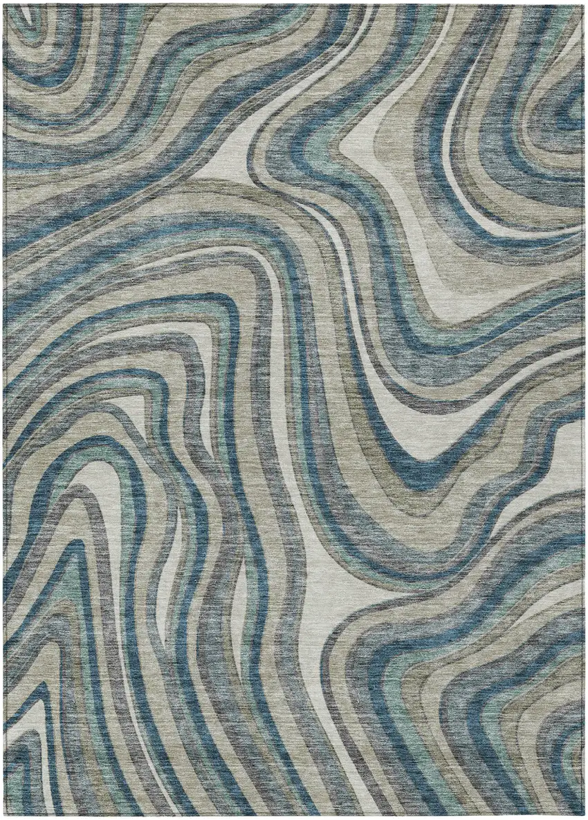 Teal Blue Gray And Taupe Abstract Washable Indoor Outdoor Area Rug Photo 2