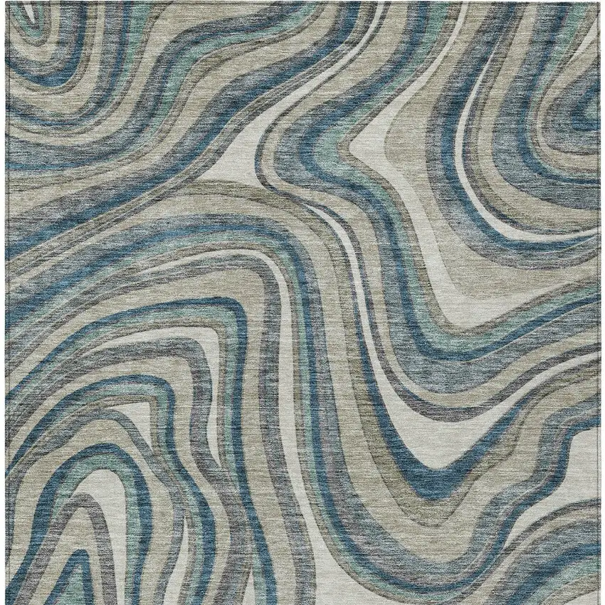 Teal Blue Gray And Taupe Abstract Washable Indoor Outdoor Area Rug Photo 6