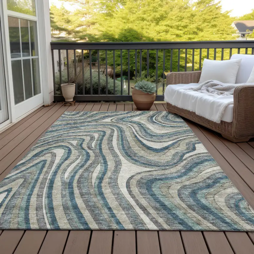 Teal Blue Gray And Taupe Abstract Washable Indoor Outdoor Area Rug Photo 6