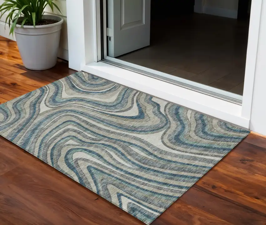 Teal Blue Gray And Taupe Abstract Washable Indoor Outdoor Area Rug Photo 1
