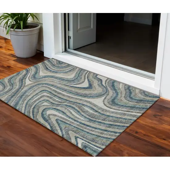 Teal Blue Gray And Taupe Abstract Washable Indoor Outdoor Area Rug Photo 1